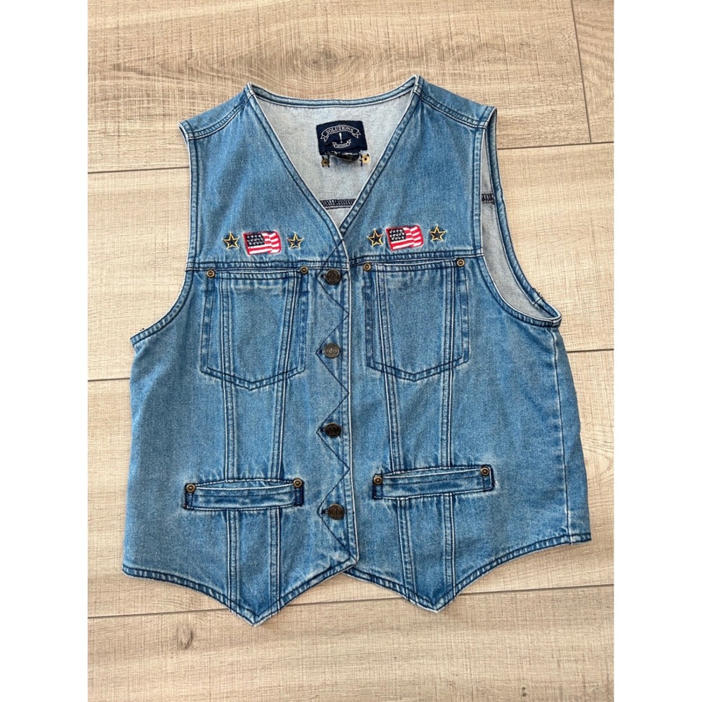 Vintage Y2K Denim Vest American Flag Embroidered Utility Western Biker Small